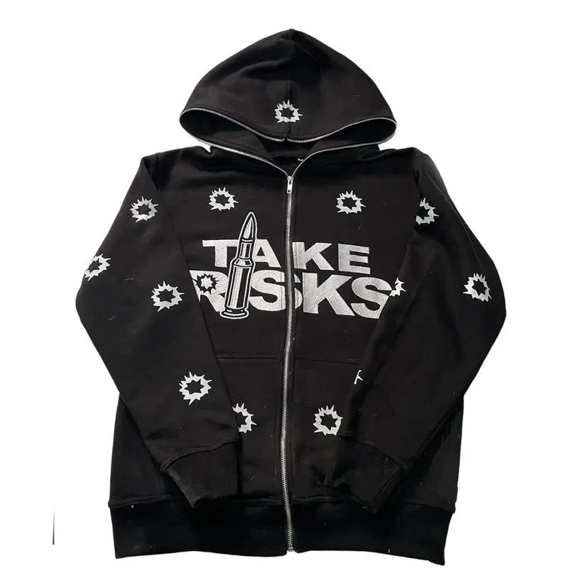 TAKE RISKS | Zip Hoodie with All Over Icon Print – Limited Streetwear Drop