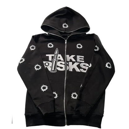 TAKE RISKS | Zip Hoodie with All Over Icon Print – Limited Streetwear Drop