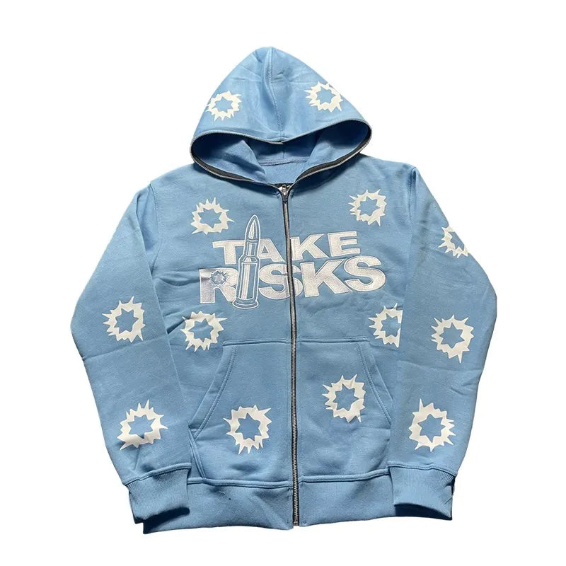 TAKE RISKS | Zip Hoodie with All Over Icon Print – Limited Streetwear Drop