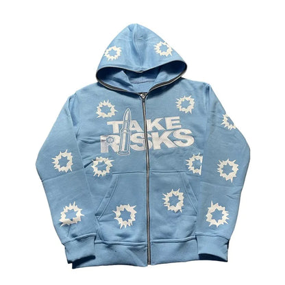 TAKE RISKS | Zip Hoodie with All Over Icon Print – Limited Streetwear Drop