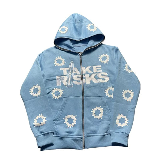 TAKE RISKS | Zip Hoodie with All Over Icon Print – Limited Streetwear Drop