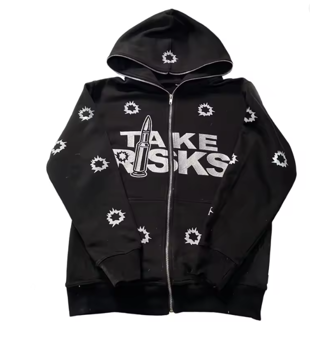 TAKE RISKS | Zip Hoodie with All Over Icon Print – Limited Streetwear Drop