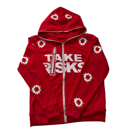 TAKE RISKS | Zip Hoodie with All Over Icon Print – Limited Streetwear Drop